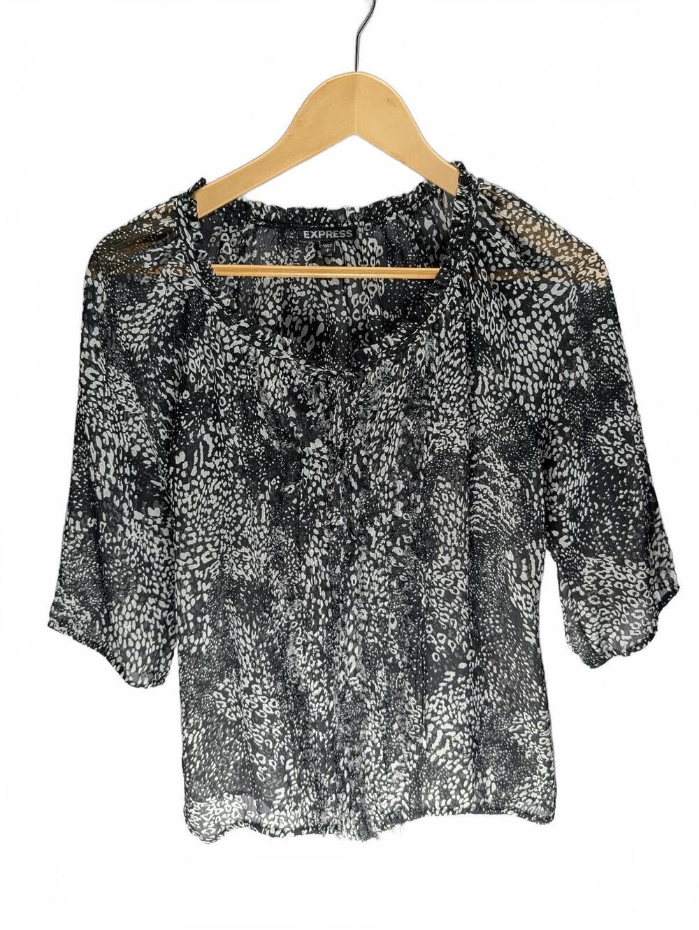 Express Women's Black and White Animal Print Sheer Blouse